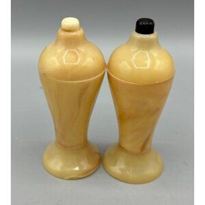 Vtg Beige Carvanite Salt & Pepper Shakers Push Button Top Retro